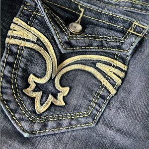 Low rise pants, jeans, with decorated pockets, size 7, straight jeans